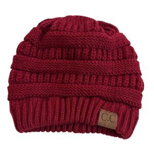 C.C. Exclusives Cable Knit Beanie Hat Chunky Ribbed Winter Slouchy Cap Burgundy